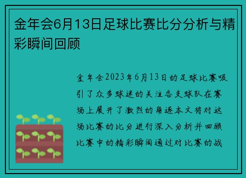 金年会6月13日足球比赛比分分析与精彩瞬间回顾