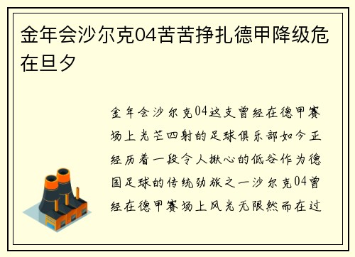金年会沙尔克04苦苦挣扎德甲降级危在旦夕