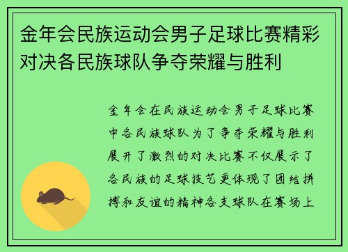 金年会民族运动会男子足球比赛精彩对决各民族球队争夺荣耀与胜利